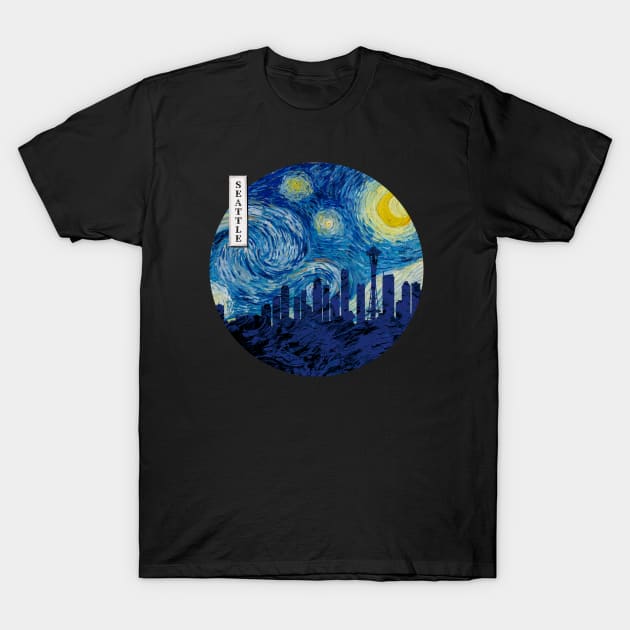 Seattle Van Gogh Starry Night Circle T-Shirt by Ferrazi
